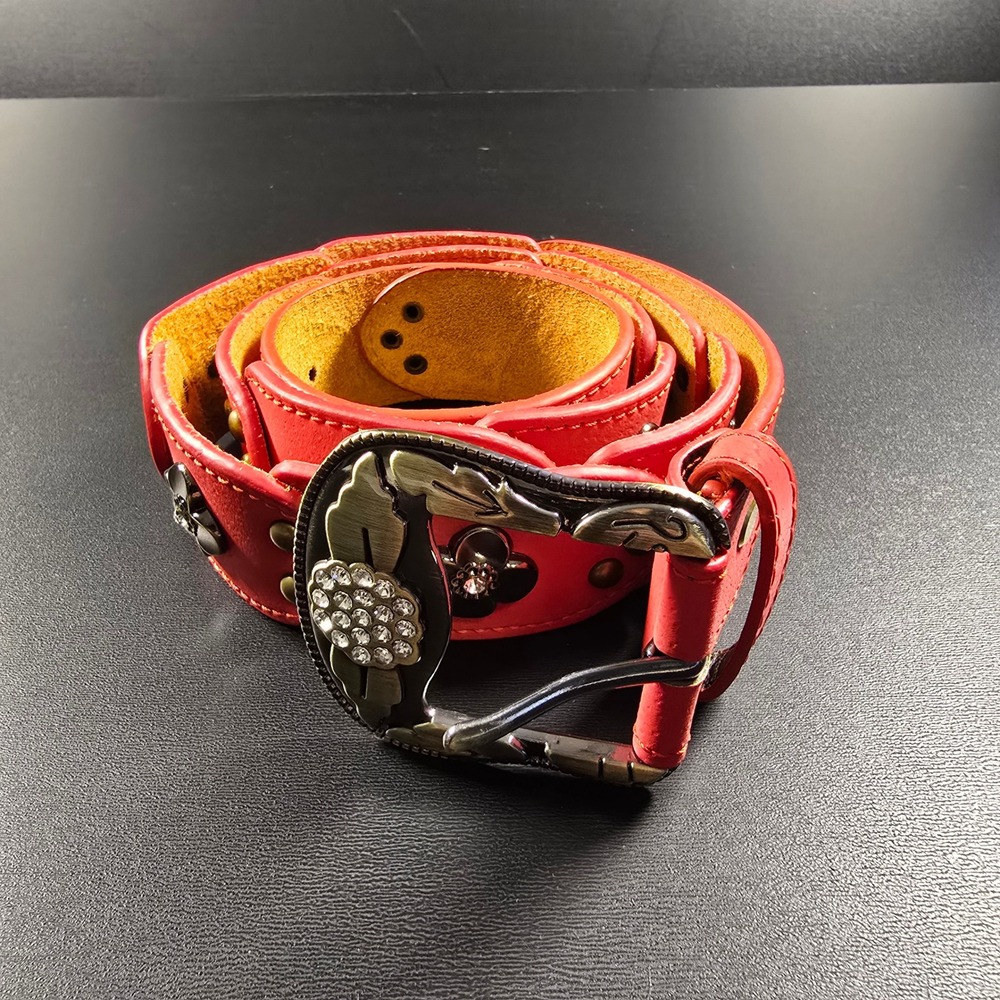 Western Leather Belt Womens 36 Red Floral Studded Rhinestone Buckle Boho‎ Rodeo